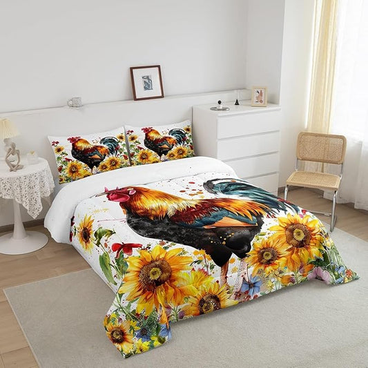 Erosebridal Sunflower Comforter Set Queen Size, Chicken Bedding Set, Yellow Floral Down Comforter, Watercolor Botanical Chick Animal Red Rooster Duvet Set, Tie Dye Quilted Duvet Bedroom Decor
