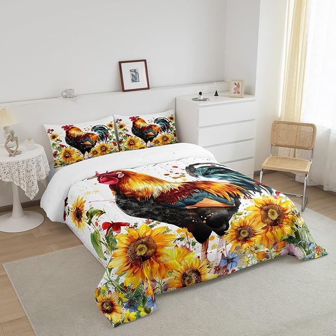 Erosebridal Sunflower Comforter Set King Size, Chicken Bedding Set, Yellow Floral Down Comforter, Watercolor Botanical Chick Animal Red Rooster Duvet Set, Tie Dye Quilted Duvet Bedroom Decor