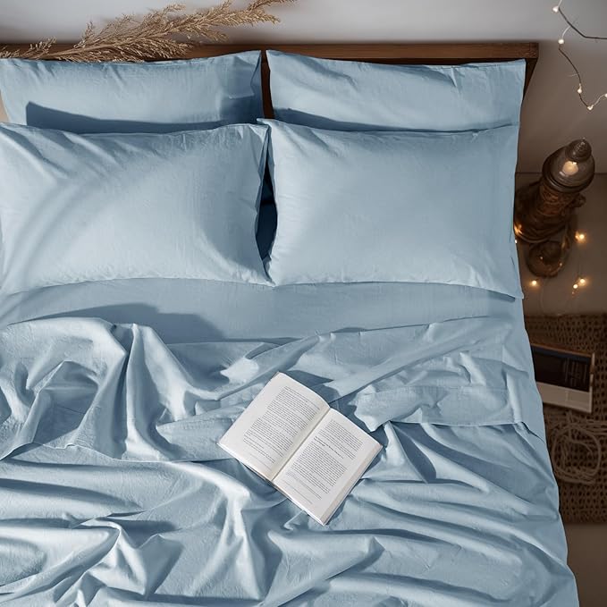 LBRO2M 100% Pure Linen Sheet Set Deep Pocket Up to 16" Bed Sheets Sets, Natural Flax Beddings Soft, Breathable, Comfortable for All Seasons 6 Pcs Sheet Set Full Size, Dusty Blue