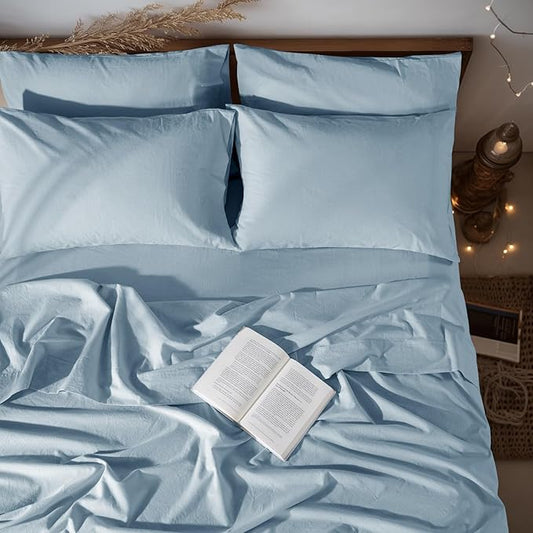 LBRO2M 100% Pure Linen Sheet Set Deep Pocket Up to 16" Bed Sheets Sets, Natural Flax Beddings Soft, Breathable, Comfortable for All Seasons 6 Pcs Sheet Set King Size, Dusty Blue