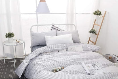 Wake In Cloud - Striped Cotton Duvet Cover Set, Ticking Stripe Pinstripe Farmhouse, 100% Cotton Bedding Set, 3 Pieces, Gray White, King Size