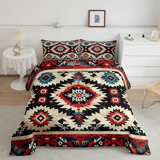 Feelyou Boho Comforter Set Toddler Size Southwest Native American Design Comforter Southwestern Geometric Bedding Set Western Decor Duvet Set Black Beige Quilt Set