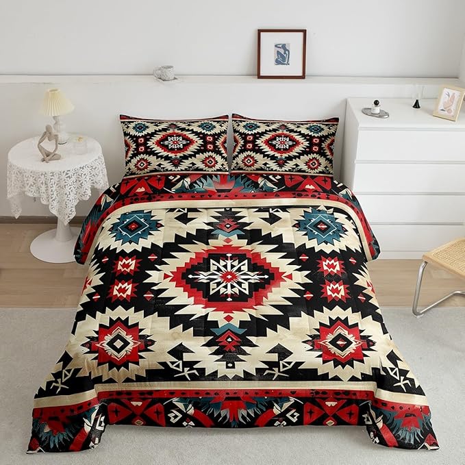 Feelyou Boho Comforter Set Queen Size Southwest Native American Design Comforter Southwestern Geometric Bedding Set Western Decor Duvet Set Black Beige Quilt Set