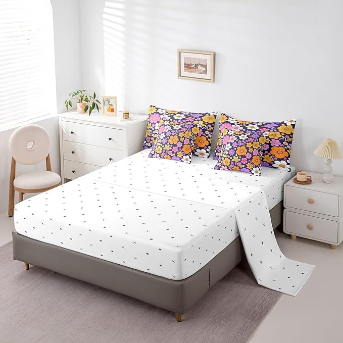Castle Fairy Watercolor Flowers 7 Pieces Bedding Set King Bed in a Bag,Groovy Daisy 70s 80s Hippie Style Comforter Set,Purple Orange Flowers Rustic Style Soft Warm Microfiber Bedding