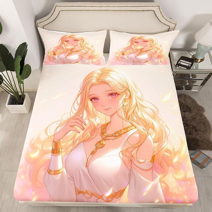 Erosebridal Kawaii Girly Fitted Sheet 3D Anime Gifts Bed Sheets, Japanese Girl Bedding Set for Kids Girls 2 Piece Lady Women Aesthetic Princess Sheets Twin, 1 Fitted Sheet 1 Pillowcase