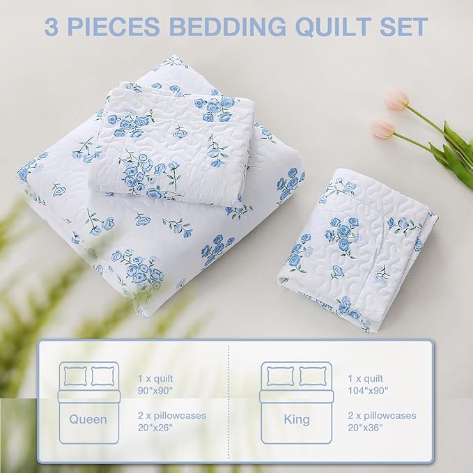 Blue Floral Quilt Queen Size - Reversible Quilt Set Flowers 3 Pieces Soft Lightweight Bedspread with 2 Pillow Shams for All Seasons (90"×90")
