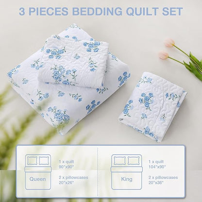 Blue Floral Quilt Queen Size - Reversible Quilt Set Flowers 3 Pieces Soft Lightweight Bedspread with 2 Pillow Shams for All Seasons (90"×90")