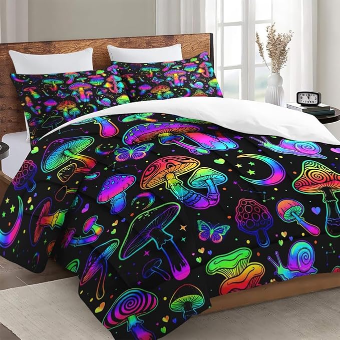 Full Size Comforter Set with 2 Pillowcases, Summer Halloween Mushroom Neon Soft 3 Pcs Bedding for Kids and Adults Bedroom Bed Decor