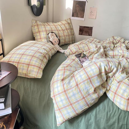 EAVD Vintage Style Buffalo Plaid Duvet Cover Twin Size 3 Pieces Grid Plaid Bedding Set Soft 100% Washed Cotton Aesthetic Gingham Duvet Cover with 2 Pillowcases Colorful Grid Checkered Bedding Set