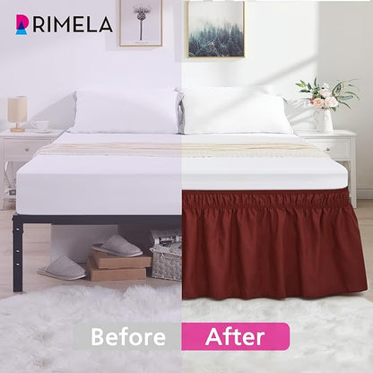 RIMELA Wine Red Bed Skirt Queen Size 15 Inch Drop, Elastic Bed Skirting for Bed Base and Frame, Bedding Dust Ruffle Easy to Install,Wrap Around Adjustable Bedskirt,Christmas Bedroom Decor