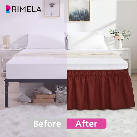 RIMELA Wine Red Bed Skirt King Size 15 Inch Drop, Elastic Bed Skirting for Bed Base and Frame, Bedding Dust Ruffle, Lightweight Wrap Around Adjustable Bedskirt, Cal King, Christmas Bedroom Decor