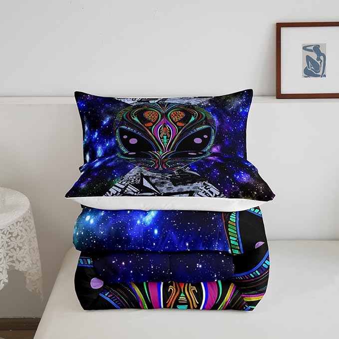 Feelyou Alien Printed Comforter Kids Galaxy Outer Space Themed Bedding Set Boys Girls Trippy Alien Hippie Skull Decor Comforter Set Colorful Tie Dye Quilted Duvet Bedroom Bed Set Toddler Size