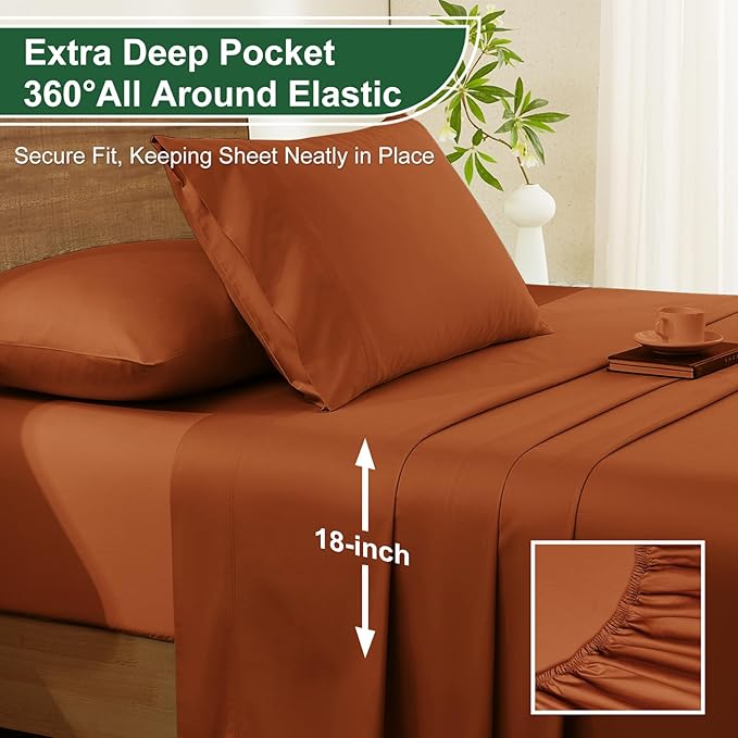 Ivellow 100% Egyptian Cotton Sheets Queen Size Set - 1200 Thread Count 6PC 18" Deep Pocket Queen Size Bed Sheet Set Luxury Soft Breathable Burnt Orange Cooling Sheet Sets Durable Hotel Quality Bedding