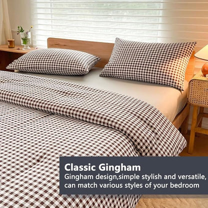 NSNLGSGC King Size Comforter Set, Mocha Gingham Bedding Comforter Sets, Dark Brown Grid Bed Comforter 3 Pieces (1 Comforter, 2 Pillowcases)