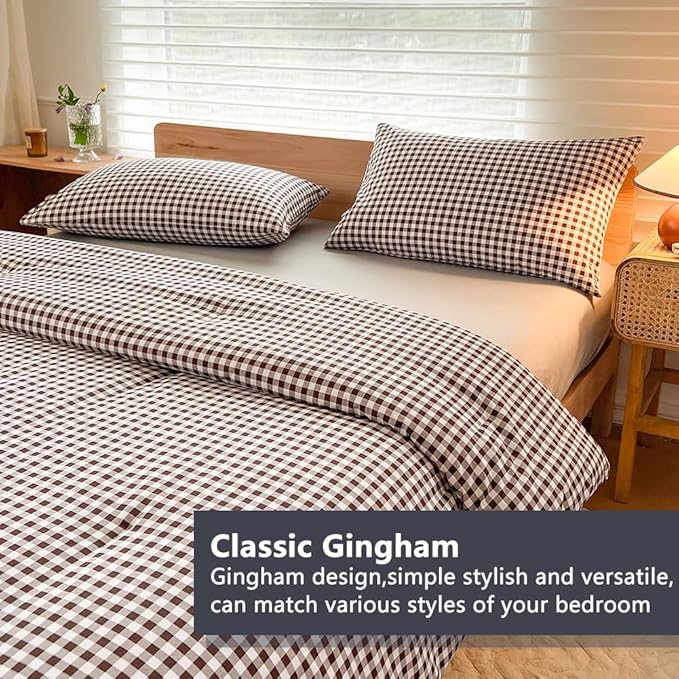 NSNLGSGC Queen Comforter Set, Mocha Gingham Bedding Comforter Sets, Dark Brown Grid Bed Comforter 3 Pieces (1 Comforter, 2 Pillowcases)