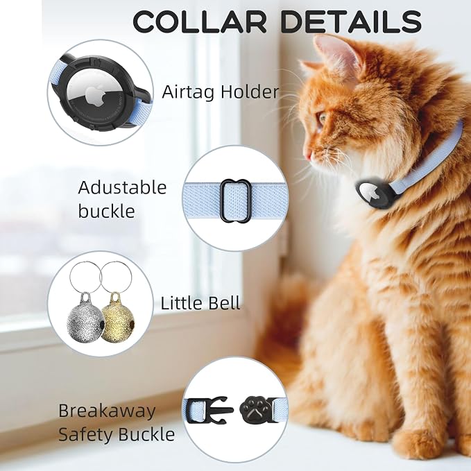 AirTag Cat Collars, Stretchy Collar with Air Tag Holder and Bell | Breakaway - Ultra Design Elastic - GPS Tracking Collars - Adjustable Size for Cats & Puppies 7.5-12.5" - (Blue)