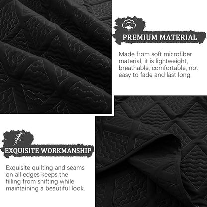 Yiran Quilt Queen Size Bedding Set Black Bedspreads Embossed Diamond Pattern Soft Microfiber Coverlet Bedding Set for All Season with 2 Pillow Shams (Full Queen, 96x90 Inch)