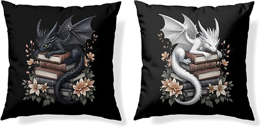 Vintage Magical Black White Dragon Reading Book Decor Throw Pillow Covers 18x18 Set of 2, Fantasy Room Decor for Kids, Gamers, and Bookworms,Reading Nook Decor, Gifts for Bookworm Readers(78)