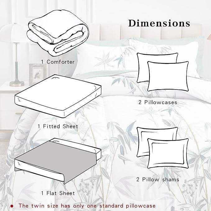 7 Pieces Bed in a Bag Queen Comforter Set with Sheets, Green Leaves on White Botanical Design Bedding Sets for All Season (1 Comforter, 2 Pillow Shams, 1 Flat Sheet, 1 Fitted Sheet, 2 Pillowcases)