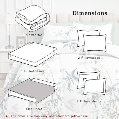 7 Piece Bed in a Bag King Comforter Set with Sheets, Green Leaves on White Botanical Design Bedding Sets for All Season (1 Comforter, 2 Pillow Shams, 1 Flat Sheet, 1 Fitted Sheet, 2 Pillowcases)