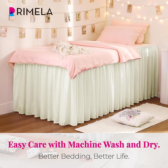 RIMELA Dorm Bed Skirt Twin XL 46 Inch Drop, Easy to Install Extra Long Wrap Around Elastic Dust Ruffle, Cream Bedskirt Solid Silky Fabric (Twin XL 80“L x 39”W & Twin 75“L x 39”W)