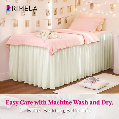 RIMELA Dorm Bed Skirt Twin XL 46 Inch Drop, Easy to Install Extra Long Wrap Around Elastic Dust Ruffle, Cream Bedskirt Solid Silky Fabric (Twin XL 80“L x 39”W & Twin 75“L x 39”W)