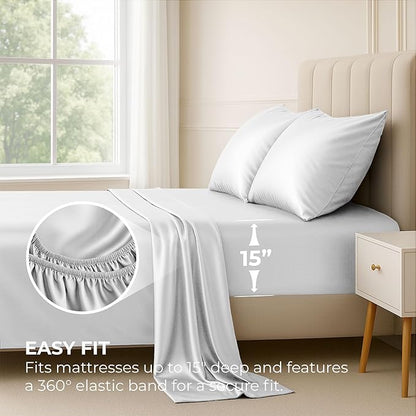 Satin Sheets California King [4-Piece, White] Luxury Silky Bed Sheets - Extra Soft 1800 Microfiber Sheet Set, Wrinkle, Fade, Stain Resistant - Deep Pocket Fitted Sheet, Flat Sheet, Pillow Cases