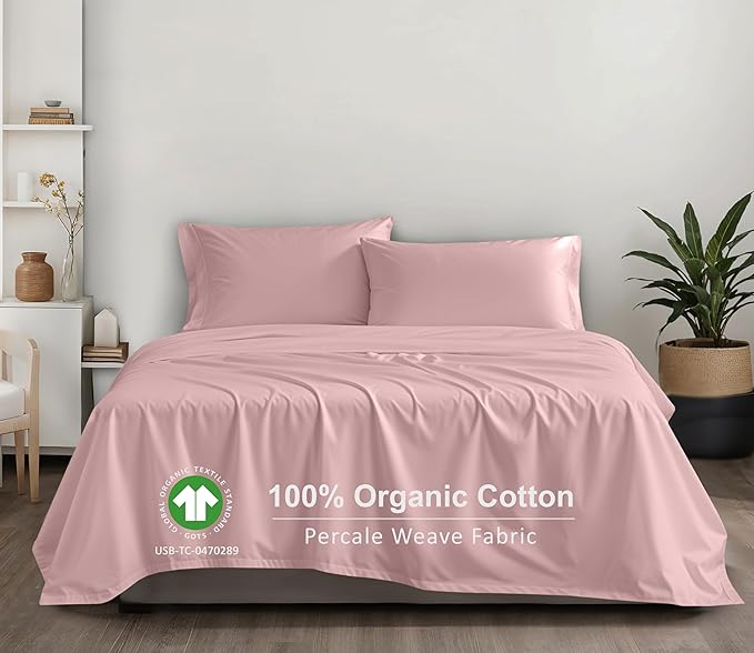 RUVANTI 100% Organic Cotton Sheets King Size, Percale Weave, GOTS Certified, 4-Piece Set, Deep Pocket 15", Crisp & Breathable, Soft Durable Bedding, Sábanas Algodón Orgánico – Peach Skin