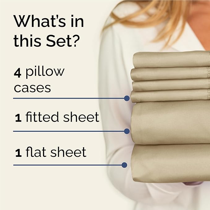 Full 6 Piece Sheet Set - Comfy Breathable & Cooling - Ultra Soft Hotel Luxury Bedding Set with 8-16 Inch Deep Pockets - 1 Flat & 1 Fitted Sheet & 4 Pillowcases - Cozy, Wrinkle Free & Easy Care - Beige