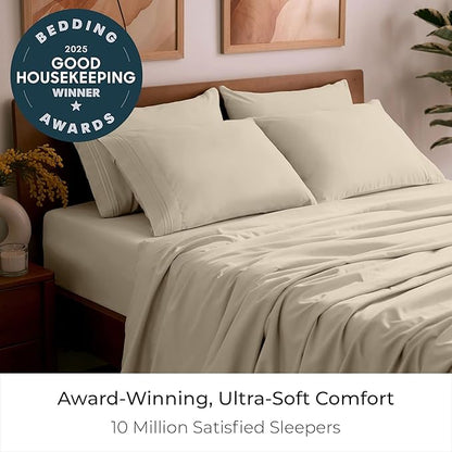 Mellanni California King Sheet Set - 6-Piece Iconic Collection Bedding, (Including 4 Pillowcases), 21-Inch Extra Deep Pocket, Easy Care, Ultra Soft, Cooling Sheets, Brushed Microfiber - Beige