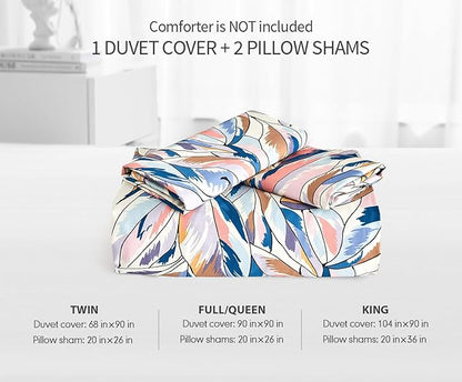Queen Size Duvet Cover Set with Button Closure - Multicolor Leaves Botanical Luxury Bedding for a Comfortable Sleeping