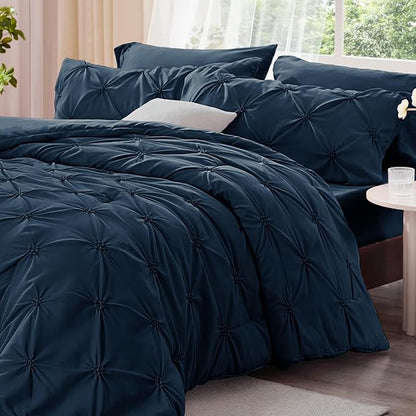 BEDELITE Navy King Size Comforter Set - 3 Pieces Boho Pintuck Bedding Comforter Sets, Lightweight Soft & Warm King Bedding Set with 2 Pillowcases for All Season