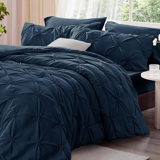BEDELITE Navy King Size Comforter Set - 3 Pieces Boho Pintuck Bedding Comforter Sets, Lightweight Soft & Warm King Bedding Set with 2 Pillowcases for All Season