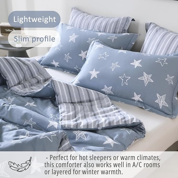 Blue Cotton Comforter Twin Size 2Pcs - White Doodle Style Stars on Denim Blue Front, Gray Stripes on Back, Reversible Lightweight Bedding Sets with Soft Fill(1 Comfoter, 1 Pillowcase)