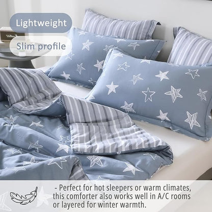 Blue Cotton Comforter Queen Size 3Pcs - White Doodle Style Stars on Denim Blue Front, Gray Stripes on Back, Reversible Lightweight Bedding Sets with Soft Fill(Queen, 90"×90")