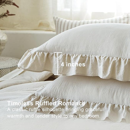 Beige Ruffle Comforter Set King, Pre-Washed Shabby Chic Bedding Set, Lightweight Cottagecore Soft Romantic Cozy 1 Comforter & 2 Shams, All-Season