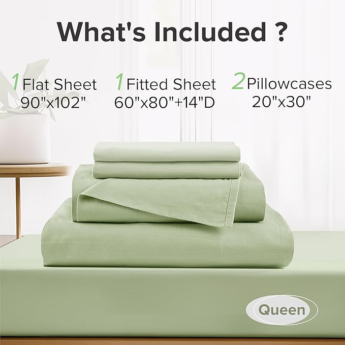 Comfort Spaces 100% Cotton Sheets Queen, Breathable & Soft Cotton Sheets, Naturally Cool Cotton Bed Sheets with 14" Elastic Pocket Fits up to 16" Mattress, All Seasons Sheet Set, Sage Green 4 Piece