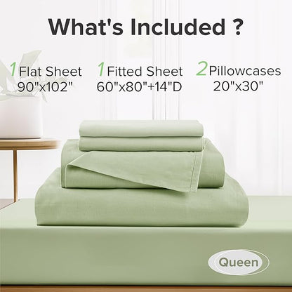 Comfort Spaces 100% Cotton Sheets Queen, Breathable & Soft Cotton Sheets, Naturally Cool Cotton Bed Sheets with 14" Elastic Pocket Fits up to 16" Mattress, All Seasons Sheet Set, Sage Green 4 Piece