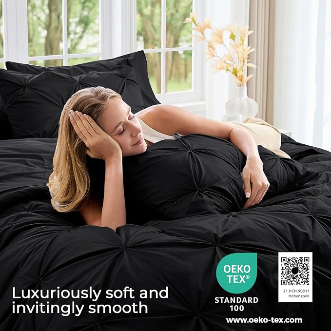 Sasttie Twin Comforter Set, 5-Piece Bed in a Bag, Pintuck Bedding Sets for All Season, Includes Comforter, Flat Sheet, Fitted Sheet, Pillowcase and Pillowsham, Black