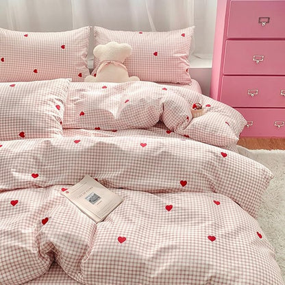 Nayoroom Gingham Duvet Cover Queen Size Pink Plaid Red Heart Printed on White Bedding Set 3 Pcs Kids Girls Cute Heart-Shaped Comforter Cover with Zipper Closure Soft Breathable Microfiber