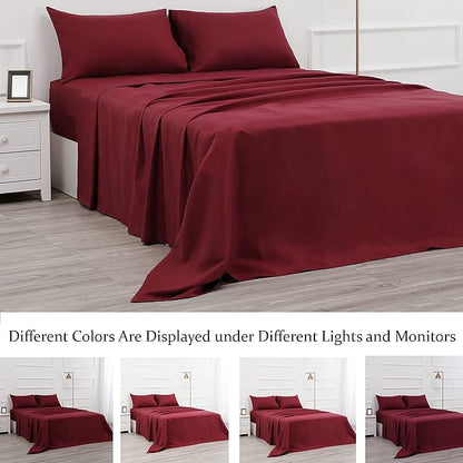 4 Piece Bed Sheet Set - 1 Flat Sheet,1 Fitted Sheet and 2 Pillow Cases,Brushed Microfiber Luxury Bedding with Deep Pockets (Full,Burgundy)