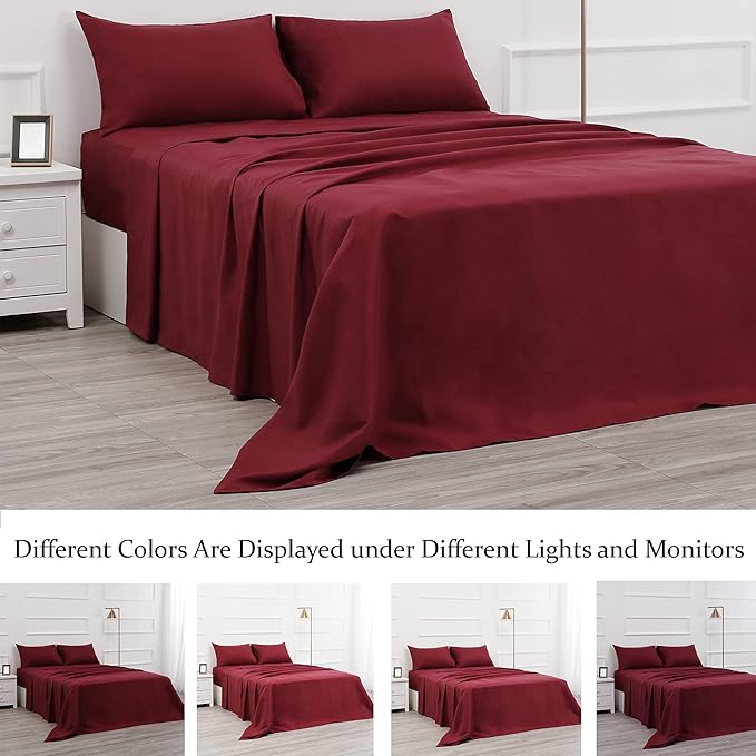 4 Piece Bed Sheet Set (Queen,Burgundy) 1 Flat Sheet,1 Fitted Sheet and 2 Pillow Cases,Brushed Microfiber Luxury Bedding with Deep Pockets