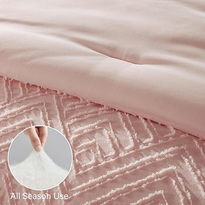 Zzlpp Twin Comforter Set 5 Pieces, Pink Tufted Bed in a Bag with Comforter and Pillowcase, All Season Boho Bedding Sets with 1 Comforter, 1 Pillow Sham, 1 Flat Sheet, 1 Fitted Sheet