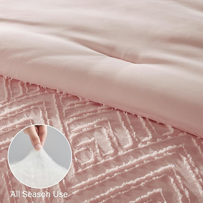 Zzlpp Full Comforter Set 7 Pieces, Pink Tufted Bed in a Bag with Comforter and Sheets, All Season Boho Bedding Sets with 1 Comforter, 2 Pillow Shams, 2 Pillowcases, 1 Sheet