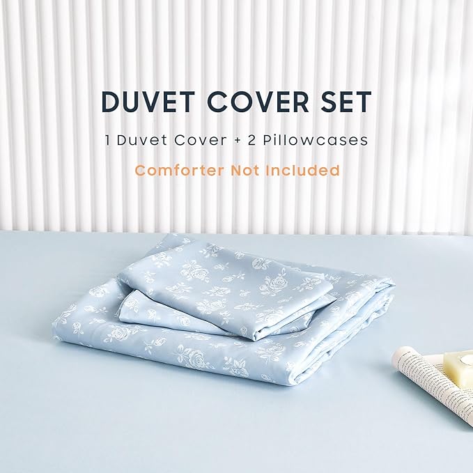 Wake In Cloud - Coquette Duvet Cover Set, Floral Cottagecore Flower Shabby Chic Cute Aesthetic, Soft Lightweight Bedding for Women Teen Girls, 3-Piece, Light Blue, Full Size