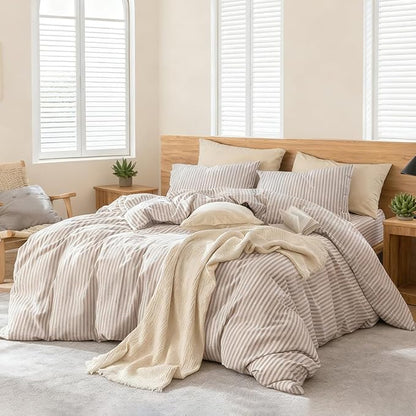 Nayoroom Striped Duvet Cover Queen Size - 100% Washed Cotton White Duvet Cover with Brown Stripes Pattern, 3 Pieces Soft Breathable Girls Dorm Bedding Set for Hot Sleepers, Yarn Dyed Process