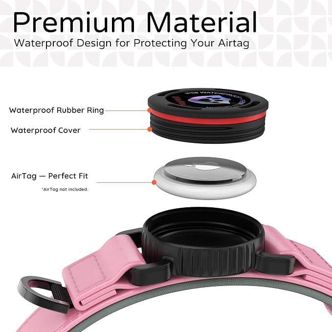 Airtag Dog Collar, Dog Collar with airtag Holder, IP68 Waterproof Leather Dog Collar with Metal Buckle & Lockable Airtag Holder, Heavy Duty Adjustable for Small Medium Large Dogs (Pink M)
