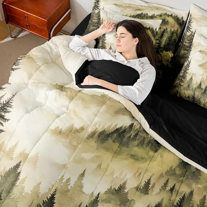 Erosebridal Yellow Misty Forest Twin Bedding Set 7 Piece Mountain Foggy Woodland Bed in A Bag with Sheets Rustic Pine Tree Comforter Set for Kids Adults,Watercolor Nature Theme Bed Sets