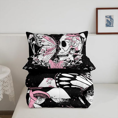Skull Skull Bedding Set Full Size Pink Butterfly Mushroom Comforter Set Starry Galaxy Moon Quilted Duvet 3pcs for Kids Teens Girls Boys Bedroom Decor Wild Animals Plants Bedspread,2 Pillowcases