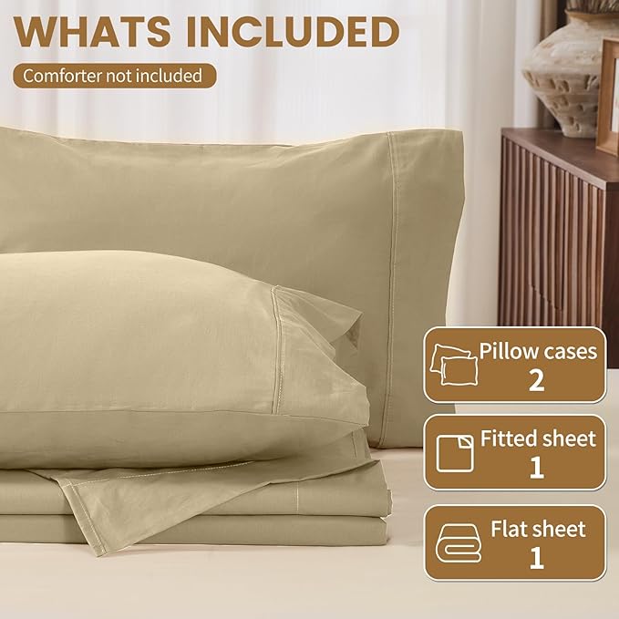 100% Linen Sheets Queen Size,Breathable & Durable 4-Piece Bed Flax Sheet Set,Soft All-Season Bedding for Hot Sleepers 16" Deep Pocket Oeko-TEX Certified,（Queen, Brown Taupe）